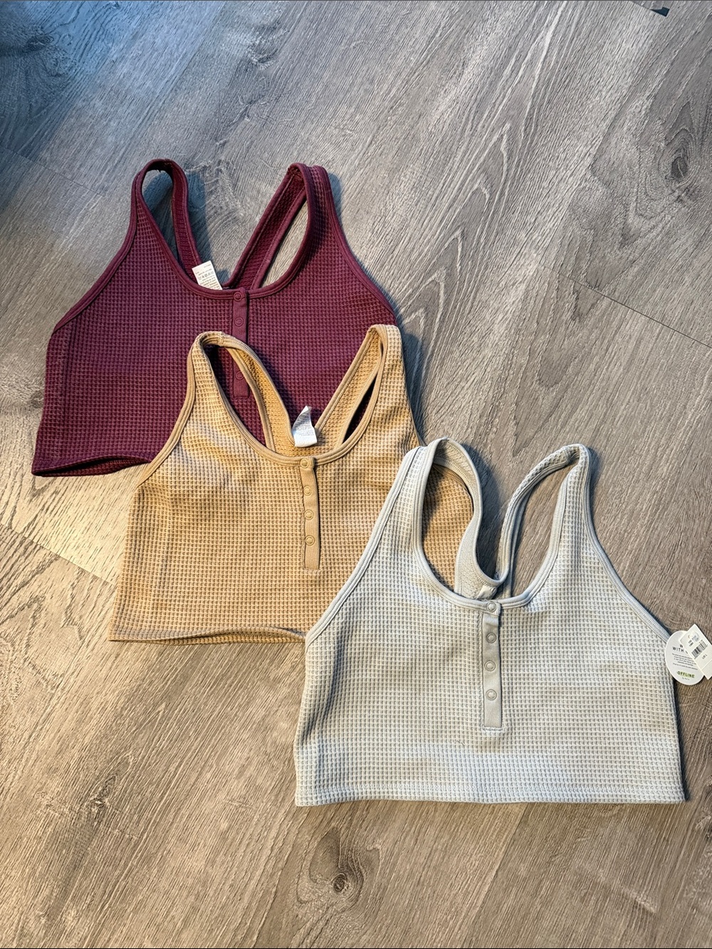 aerie Waffle Racerback Crop Tops - Burgundy, Camel, Light Gray